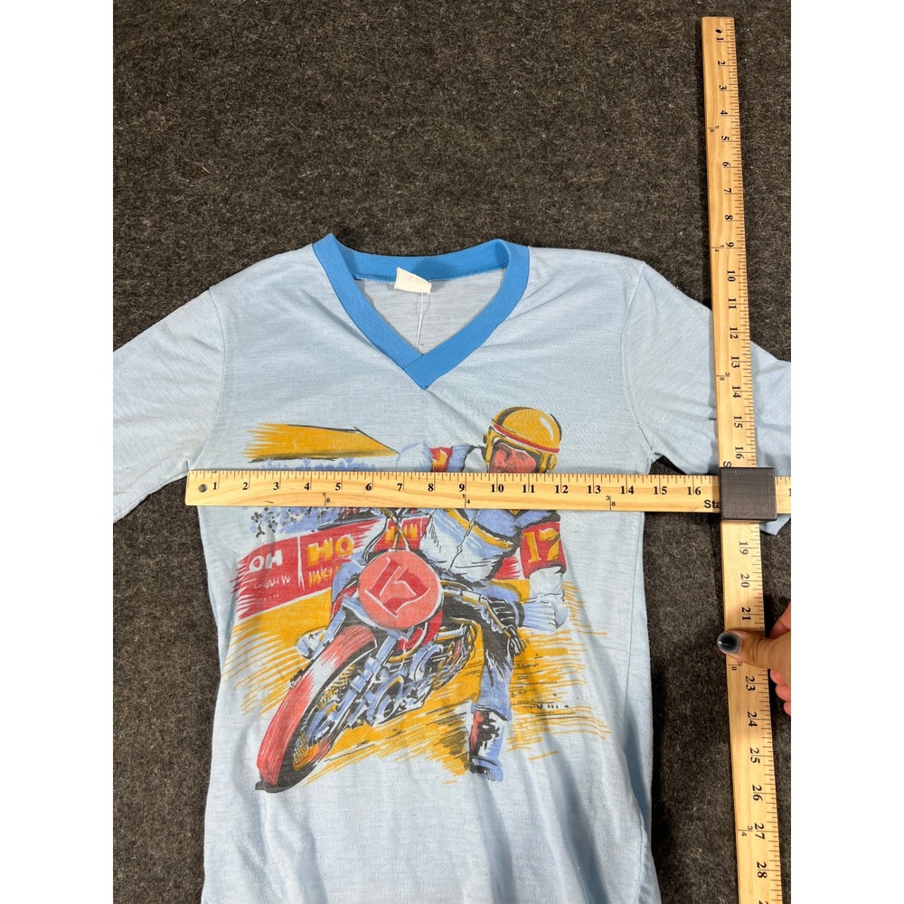 Vintage 60s Shirt Kids Large Blue Motorcycle Racing Biker Graphic Tee Streetwear - Picture 2 of 7